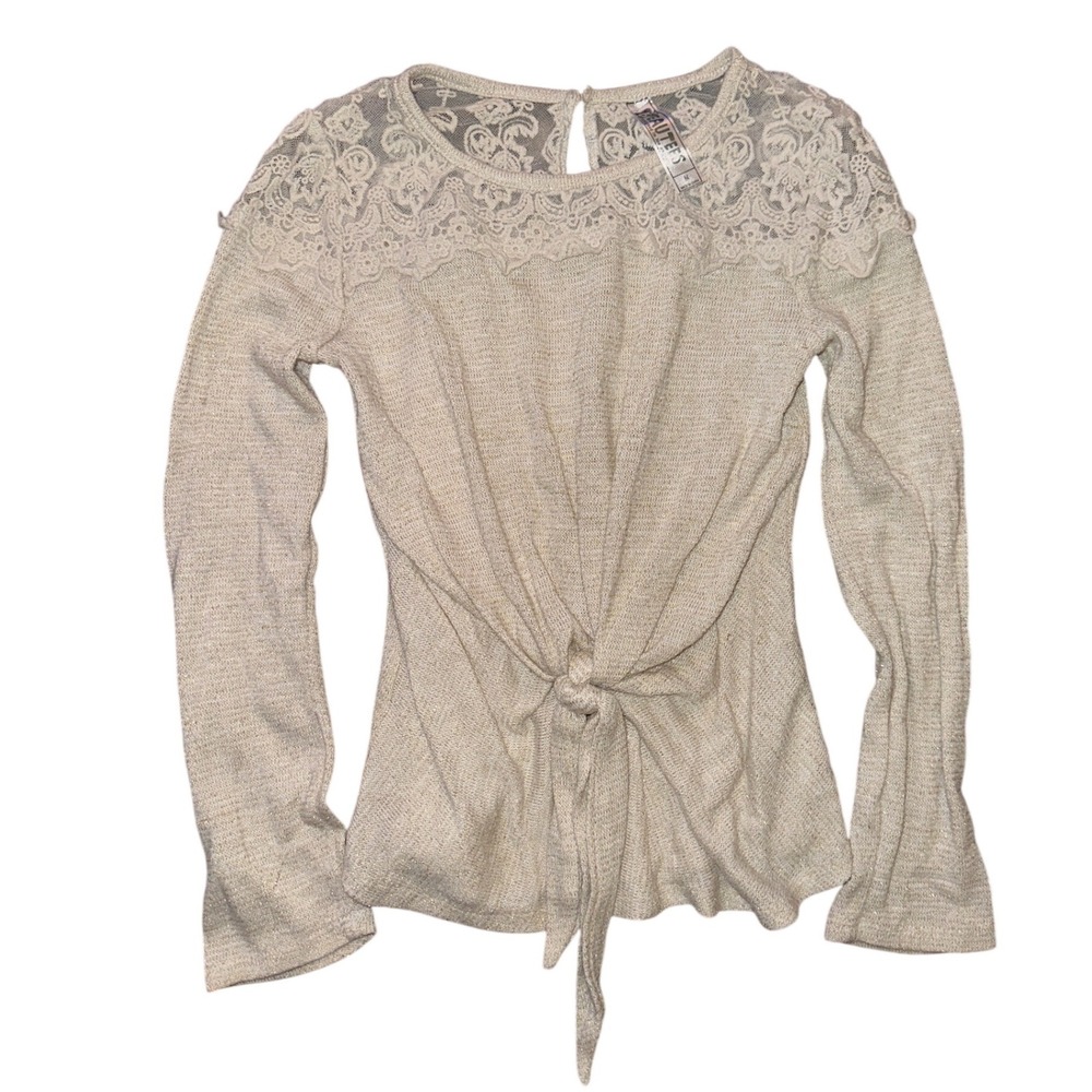 Beautees Womens Lace Yoke Tie Front Long Sleeve Top Oatmeal Beige Medium